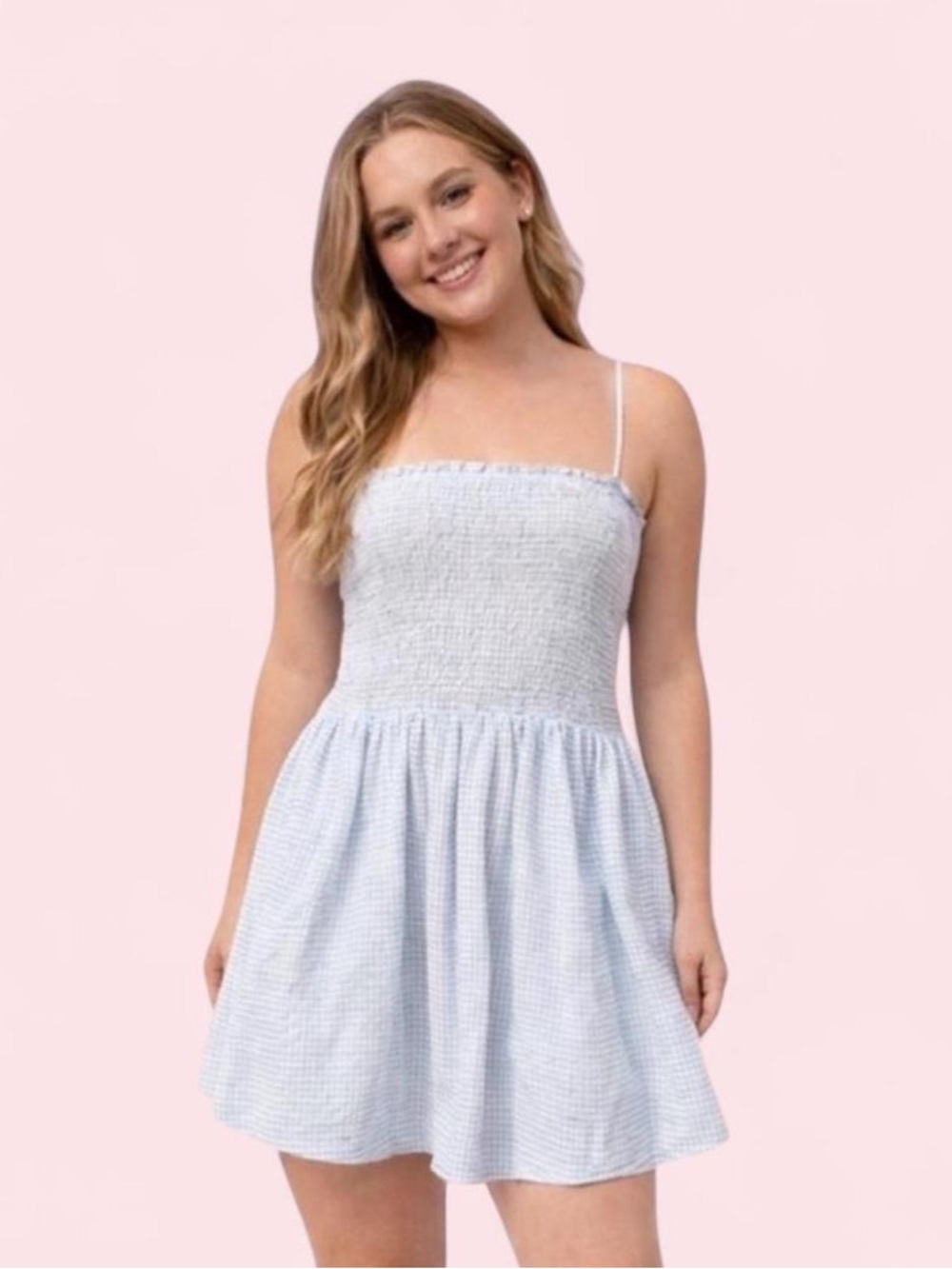 Lulu’s Treat Me Right Blue Gingham Smocked Mini Dress XL Cottagecore Coquette